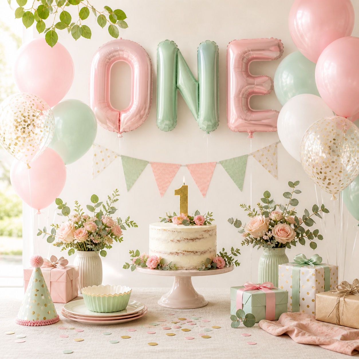 First birthday party setup with ONE balloons, birthday banner and decorated cake table for a baby's first birthday in Australia